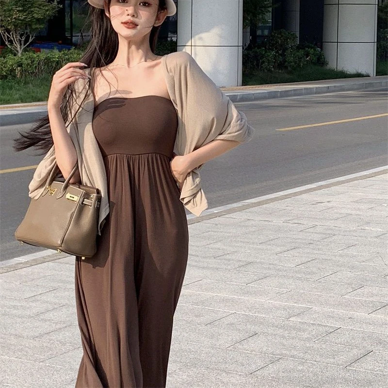 Jumpsuits Women Coffee Summer New Wide Leg Trousers Strapless Loose Solid All-match Elasticity Clothing Aesthetic Daily Vintage