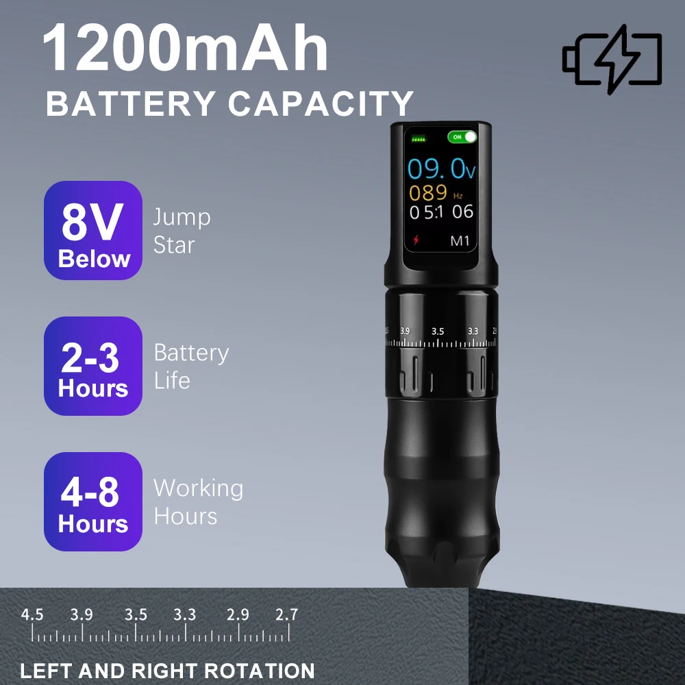 Wireless Tattoo Machine Adjustable 2.7-4.5mm Stroke Rotary Cartridge Tattoo Pen Touch Screen with1200mAh Power Coreless Motor