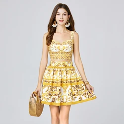 Summer Runway Yellow Print Spaghetti Strap Padded Cup Bra Short Tops + Pleated Mini Skirt Suit Beach Wear 2 Pieces Clothing