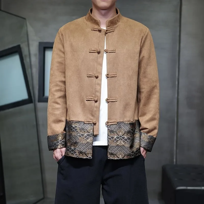 Suede Fleece Jacket, Men's Color-blocking Stand-up Collar Jacket Spring Chinese-style Tang Suit New Chinese Retro Button-up Top