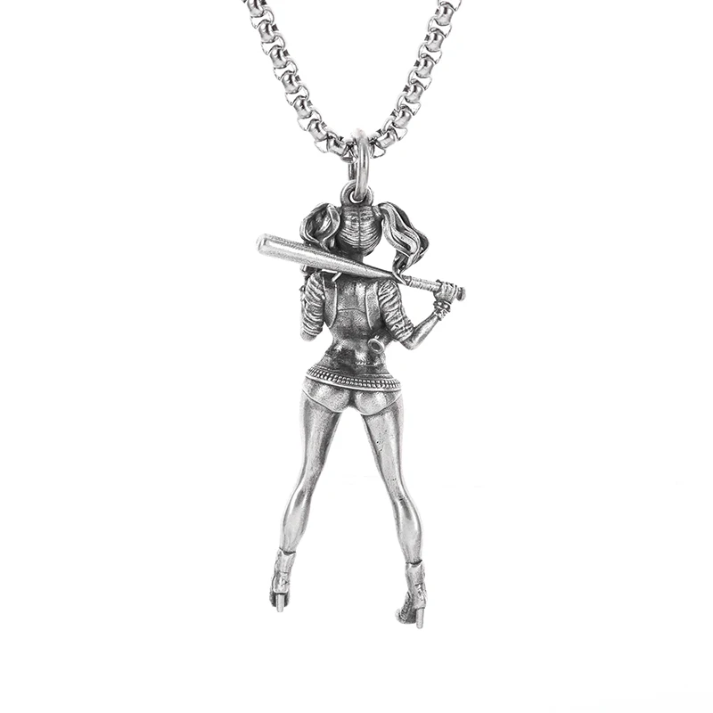 Vintage Silver Color Baseball Player Figurine Pendant Necklace for Women and Men Street Fashion Personality Sweater Necklace