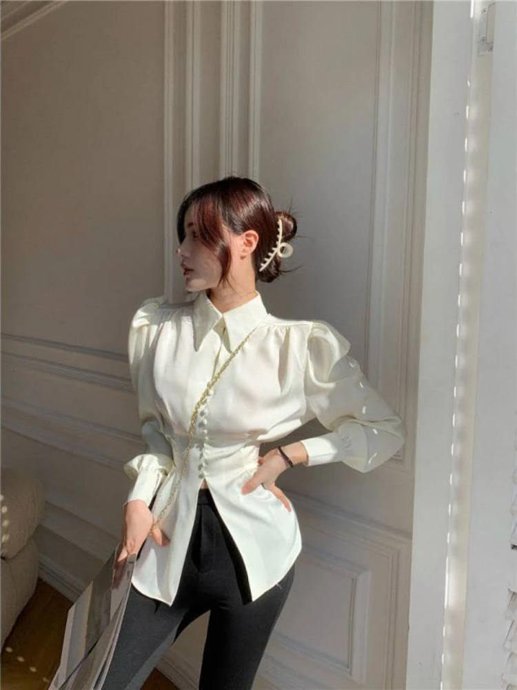 Deeptown Blouses Bandage Bow Tie Shirts Backless Casual Long Puff Sleeve Solid Color Tops Button Waist Fit Blouses Fashion 2024.