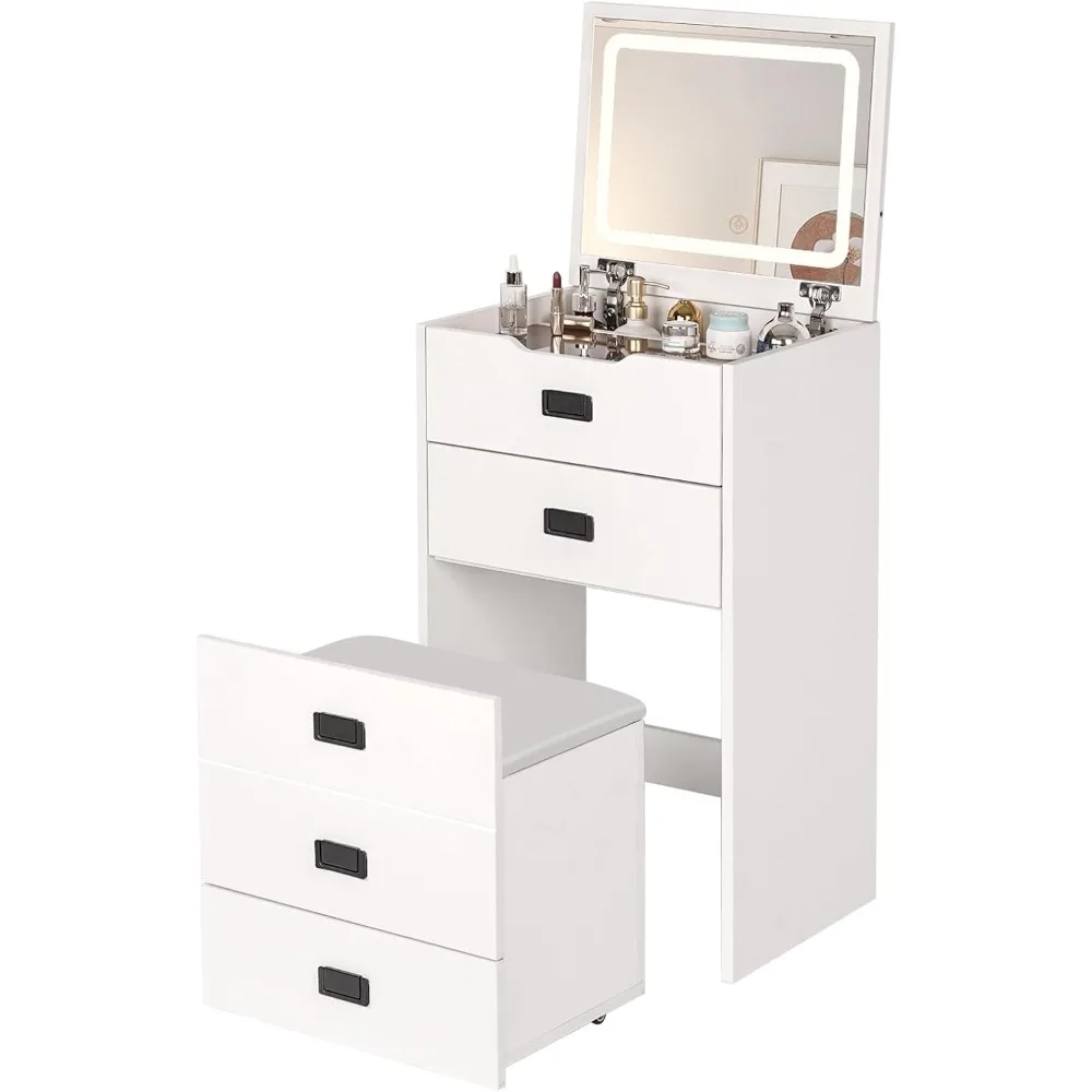 

3 In 1 Vanity Table With Flip Mirror, Nightstand & Rolling Stool, Makeup Desk With Glass Top & Hidden Storage, Space-saving Corn