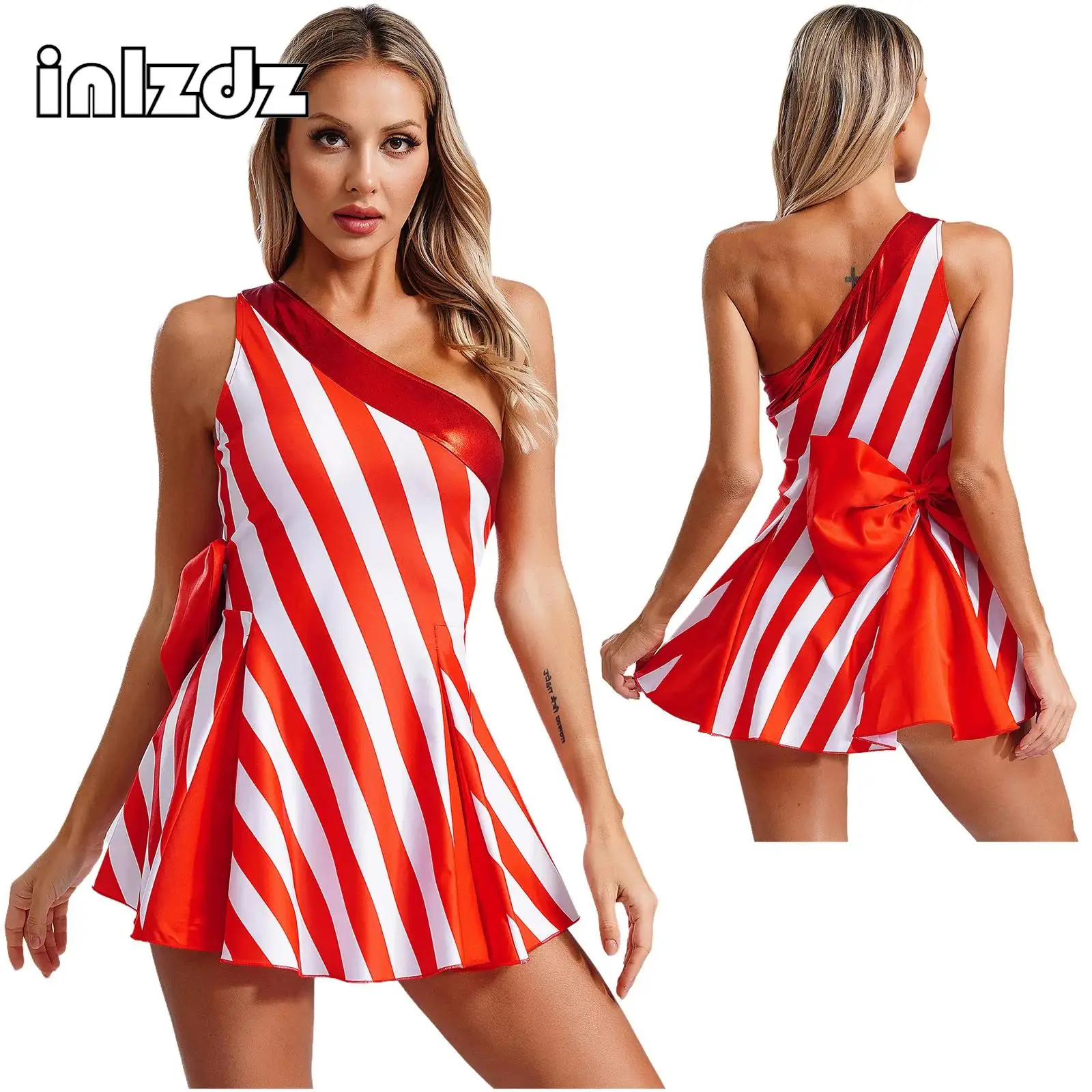 

Candy Cane Dress for Women Girls Christmas Party Single Shoulder Sleeveless Bow Knot Stripes Mini Dress New Year Party Dress Up