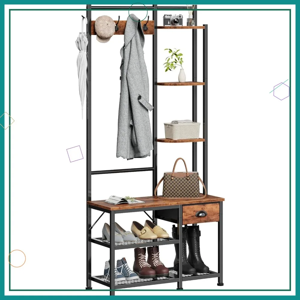 

Органайзер для прихожей в деревенском стиле коричневого цвета с скамейкой, вешалкой для одежды, местом для обуви и полками для дома