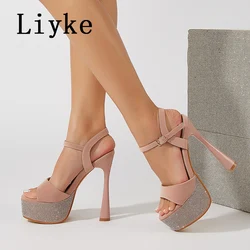 Liyke Summer Fashion Buckle Strap Platform Sandals Sexy Crystal Rhinestone Thick Bottom Open Toe Super High Heels Women Shoes