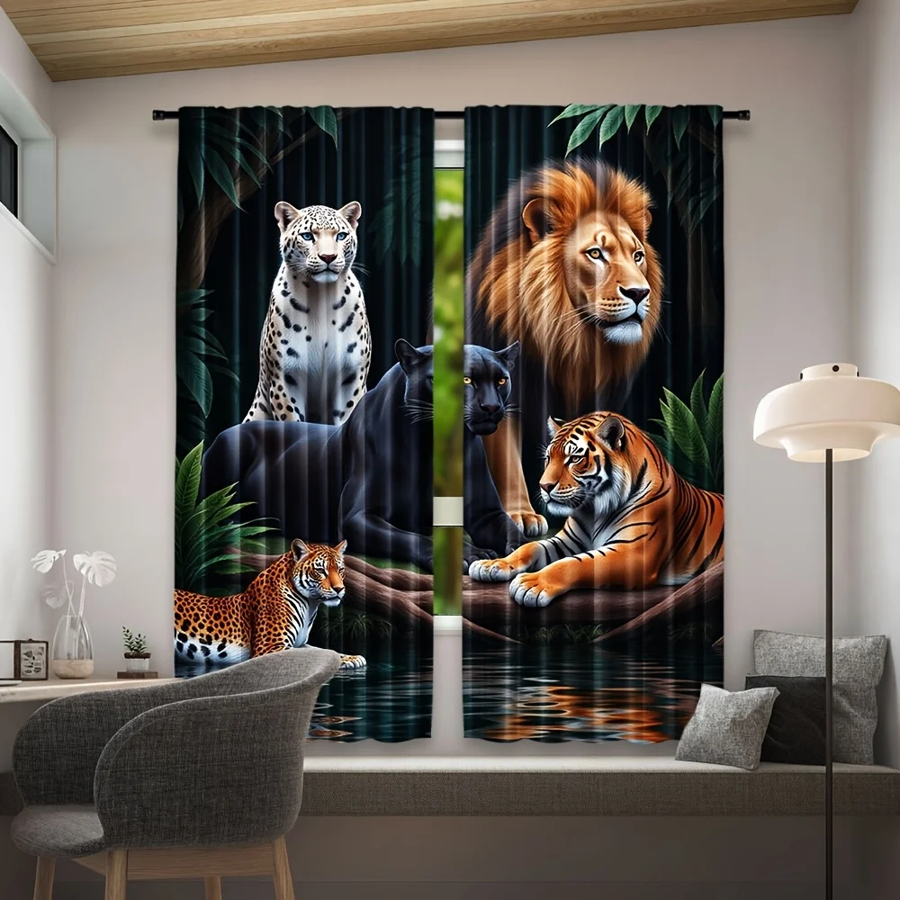 Wild Lion Tiger Leopard Curtain 2 Panels,Jungle Big Cats Water Reflection Tropical Leaf Dark Forest Print,Drapes Bedroom Curtain