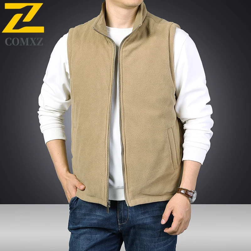

2025 Fashion Warm Fleece Men’s Vest Multiple Pockets Loose Fit Stand Collar Outdoor Fishing Sport Jacket Hiking Camping Vests