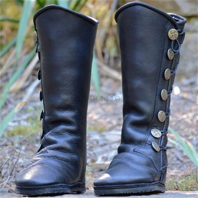 Stivali da pirata Medievale Steampunk Retro Donna Cerniera in pelle PU Vichingo Retro Bottone Uomo Cavaliere Cacciatore Scarpe Cosplay Festa di Carnevale