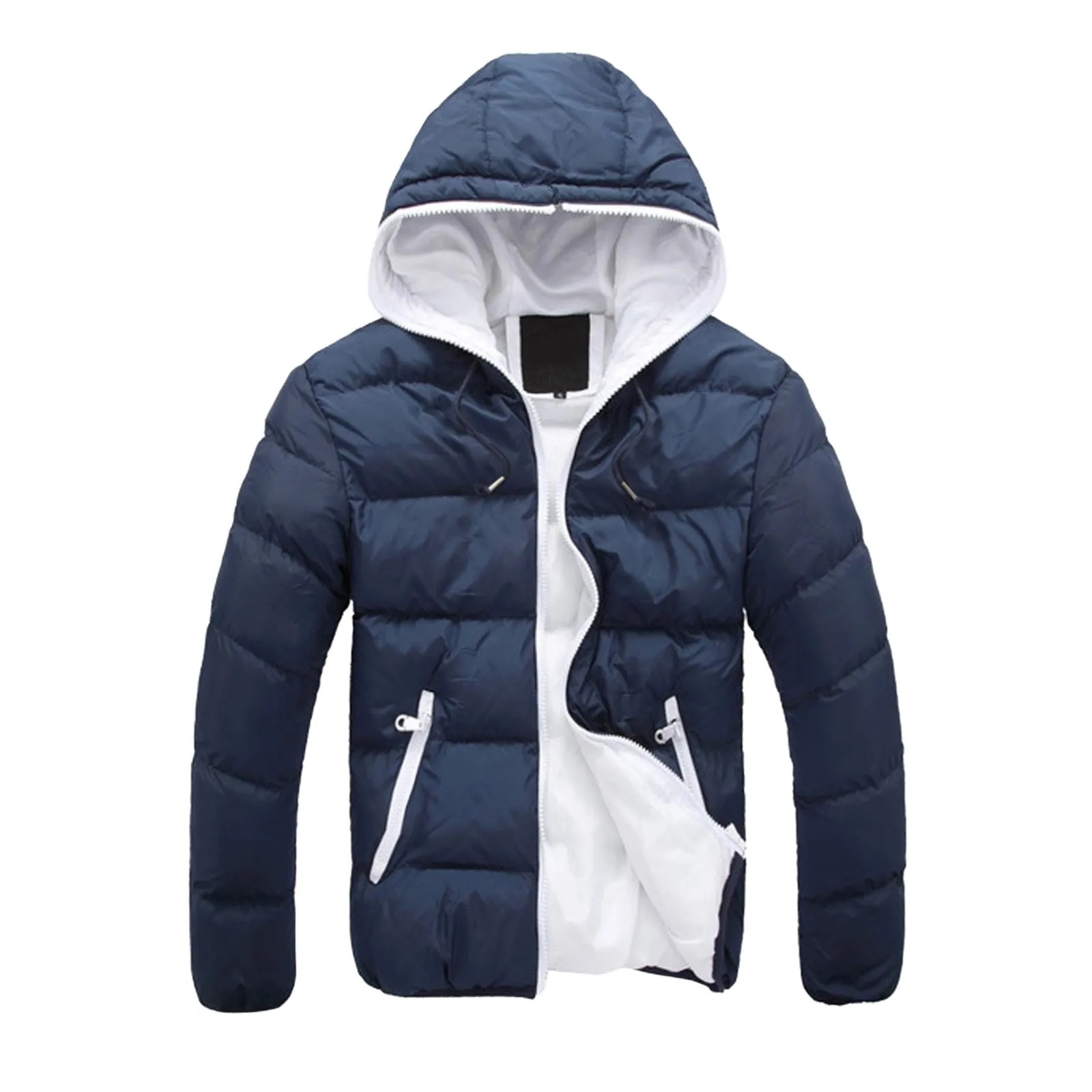 Wintert Warm Cotton Padded Down Jacket Men\'S Casual Contrast Color Coat Collision Zipper Hooded Pocket Thick Puffer Coat For Man