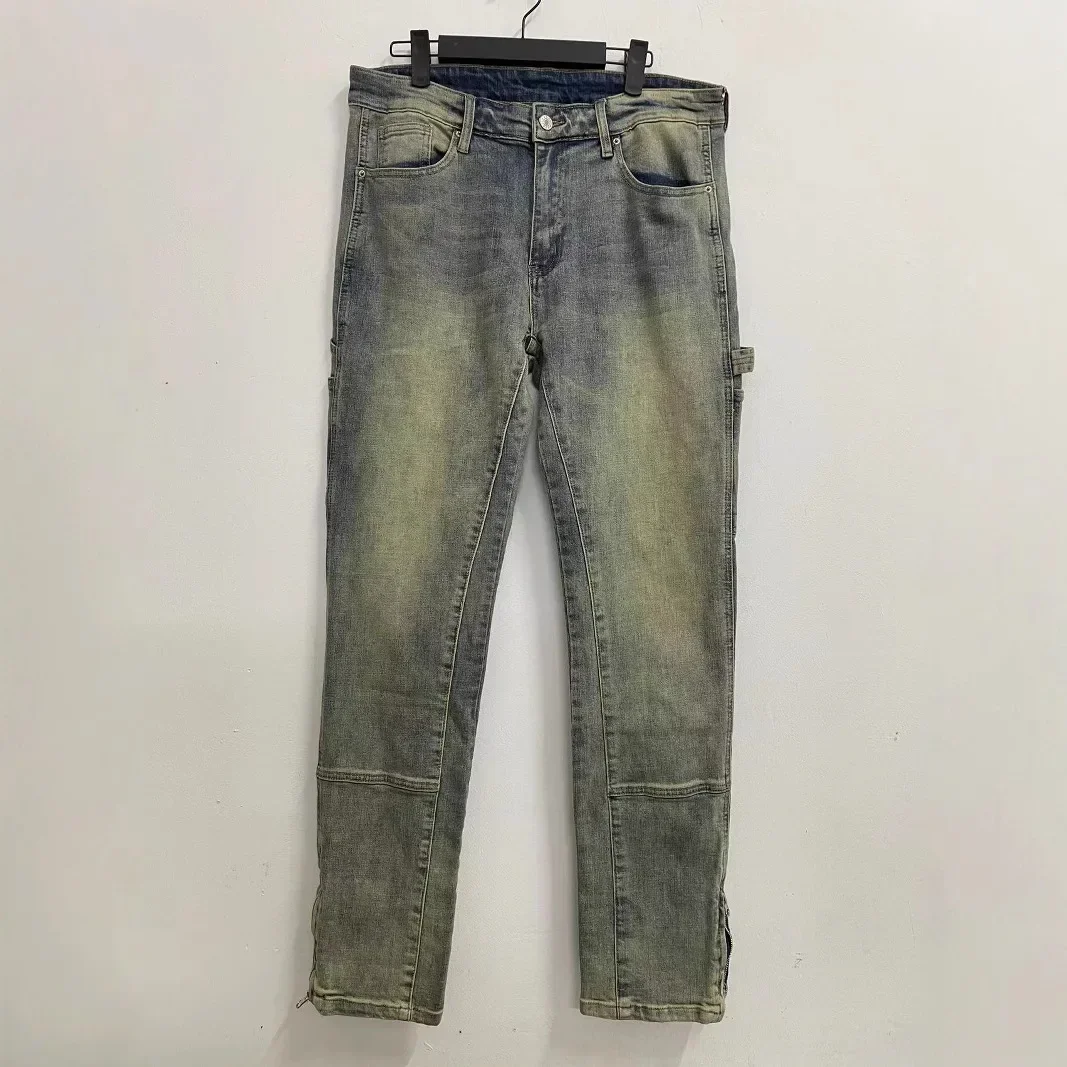 LIBIELIY Four Seasons Men's Casual Trendy American High Street Washed Vintage Retro Blue Jeans Pants Loose Spliced Cargo Denim