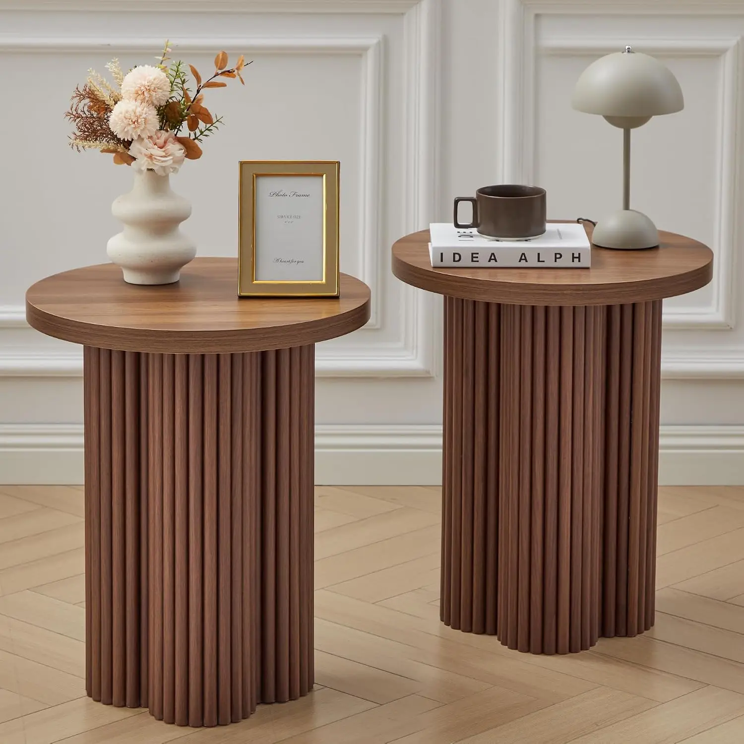 Small Fluted Pedestal End Table Set 2 Wood Round Nightstand Farmhouse Side Drink Table Living Room Small Space, Customized