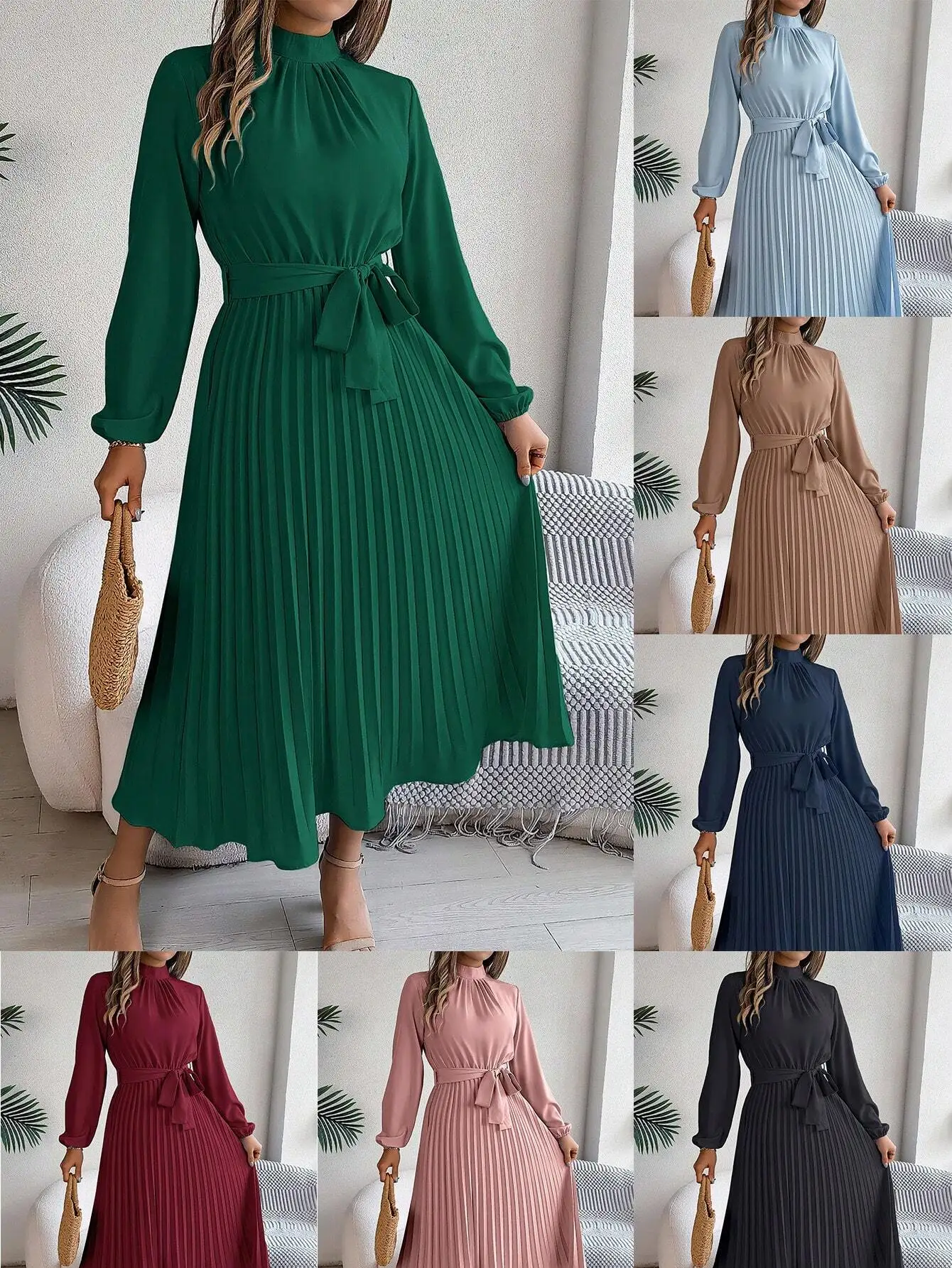 

Женское элегантное платье с воротником-бантом, рукавами-фонариками и плиссированной юбкой, повседневное, весна-лето