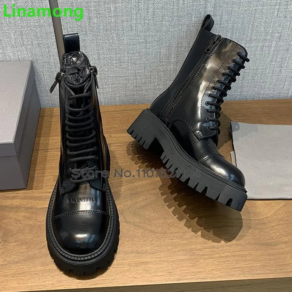 Black Thick Sole Lace-up Luxury Boots For Female Women 2024 Autumn New Round Toe Ankle High Solid Casual Fashion Cool Shoes