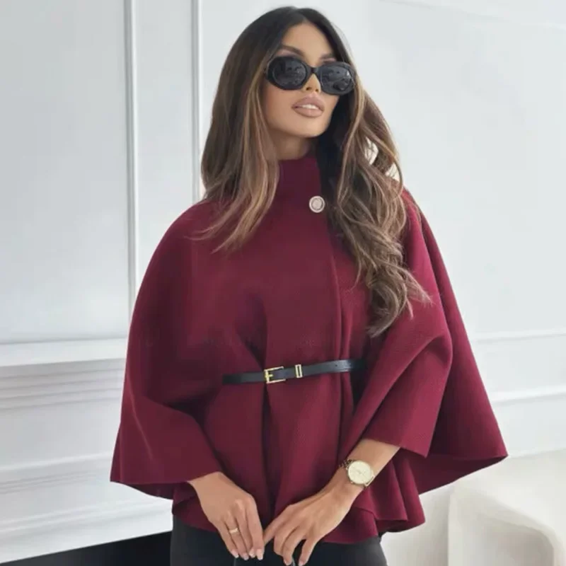 TRAF-Capa corta para mujer, chaqueta roja, marrón y negra, abrigo con manga de murciélago, nuevo en abrigos y chaquetas, capa elegante con cinturón, prendas de vestir exteriores 2024