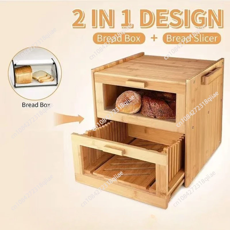 for Multifunctional  box storage bamboo and wood pastry storage box kitchen double baking box with bread slicer integrated