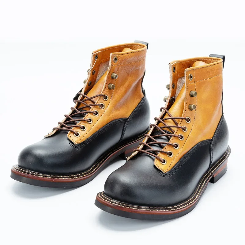 First Layer Cow Leather Retro Tooling Boots Men's Leather Stitching Round Toe Short Boots Men Black