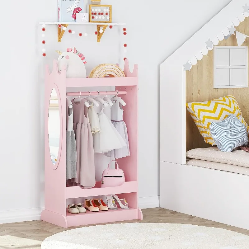 UTEX Kids Dress up Storage with Mirror,Costume Closet for Kids, Open Hanging Armoire Closet,Pretend Storage Closet for kids,