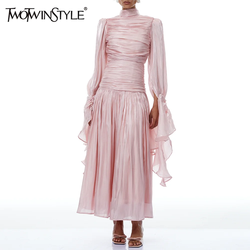 

TWOTWINSTYLE Slimming Spliced Folds Elegant Dresses for Women Stand Neck Long Sleeves Tunic Patchwork Ruffles Dress Female New