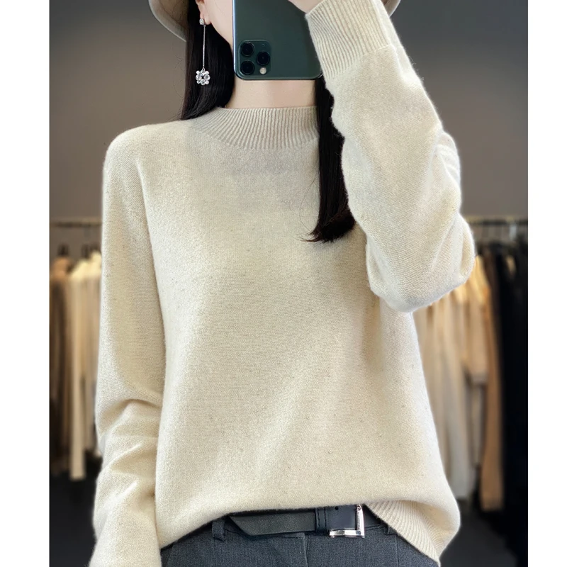 

Fall/Winter 2024 new cashmere sweater women's semi-turtleneck cardigan warm bottom knit shirt top Merino wool