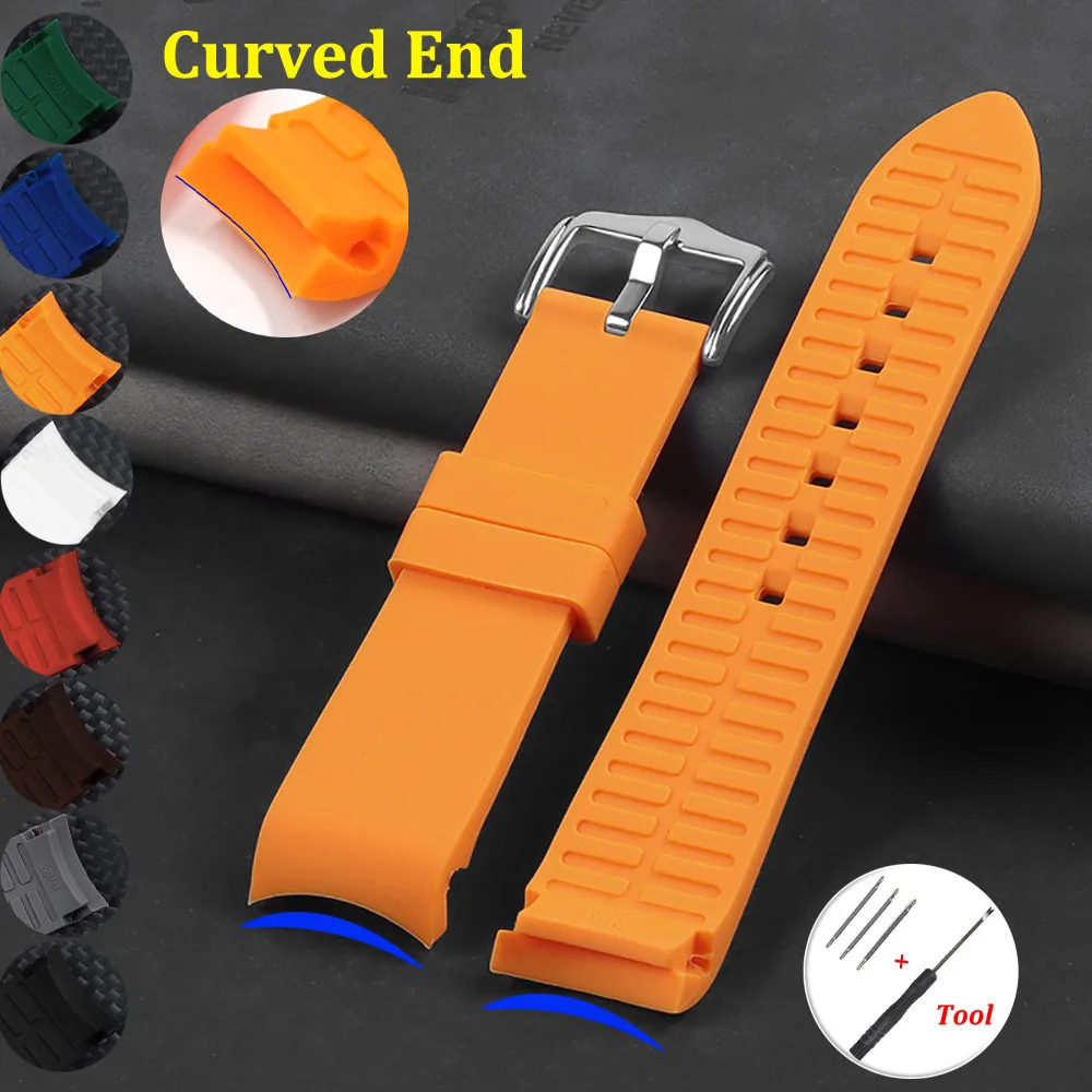 Curved End Silicone Watch Band Universal Elbow Arc Wristbelt Rubber Bracelet 20mm 22mm Women\'s Men\'s Watches Accessories