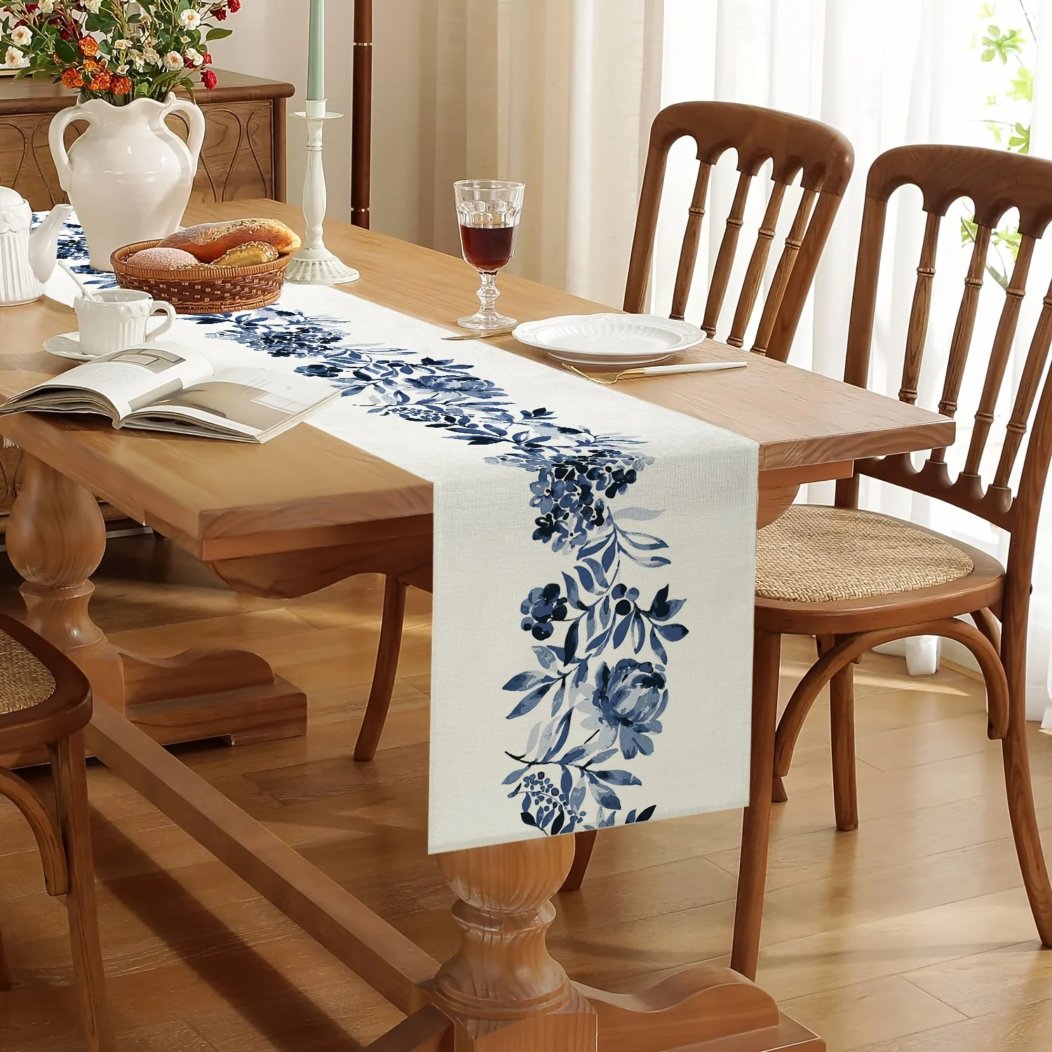 Boho Blue Flowers Linen Table Runners Dresser Scarf Table Decor Kitchen Dining Table Decor Farmhouse Holiday Wedding Party Decor