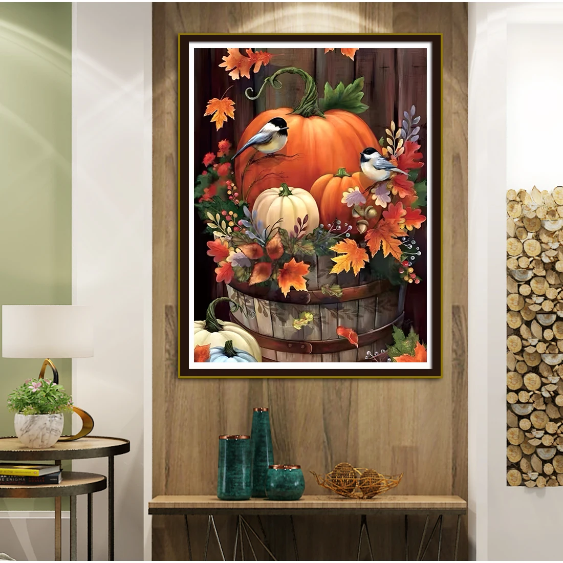 Harvest Pumpkin Bird Cross Stitch Kit 11Ct Printed Pattern Full Embroidery Autumn Maple Leaves Countryside Pastoral Entrance Decoration Handmade Thread Embroidery Material Pack