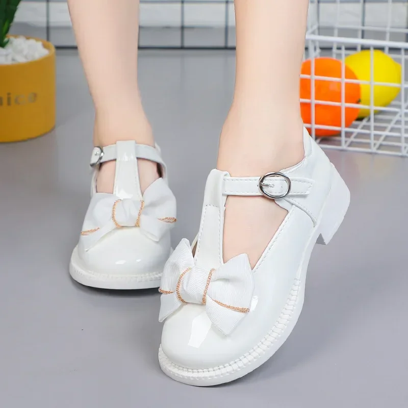 Fashion Patent Leather Girls Shoes T-strap Round Toe Kids Mary Janes Solid Bow Hollow Single Shoe Soft Sole Student Dress Shoes