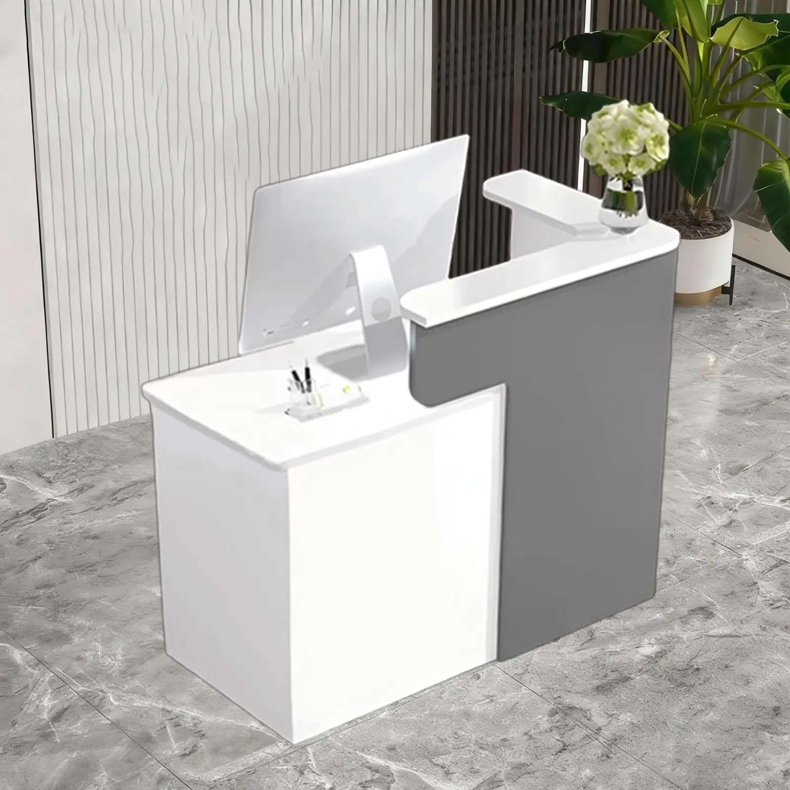 White Grey Reception Desk with Counter, Reception Table with Lockable Drawer, Front Desk Reception Room Table for