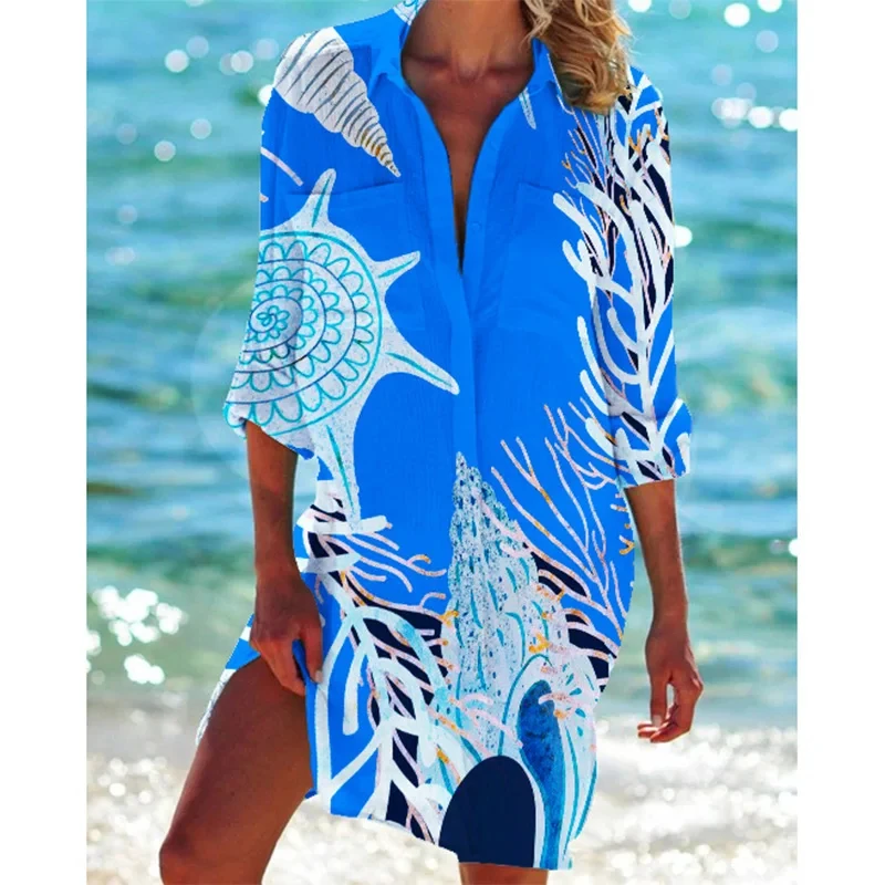 Hawaii Starfish Printed Sea Shirt Dress for Women Ladies Beach Sexy Blouses Outwear Shirt Long Sleeve Maxi Dress Vestidos Mujer