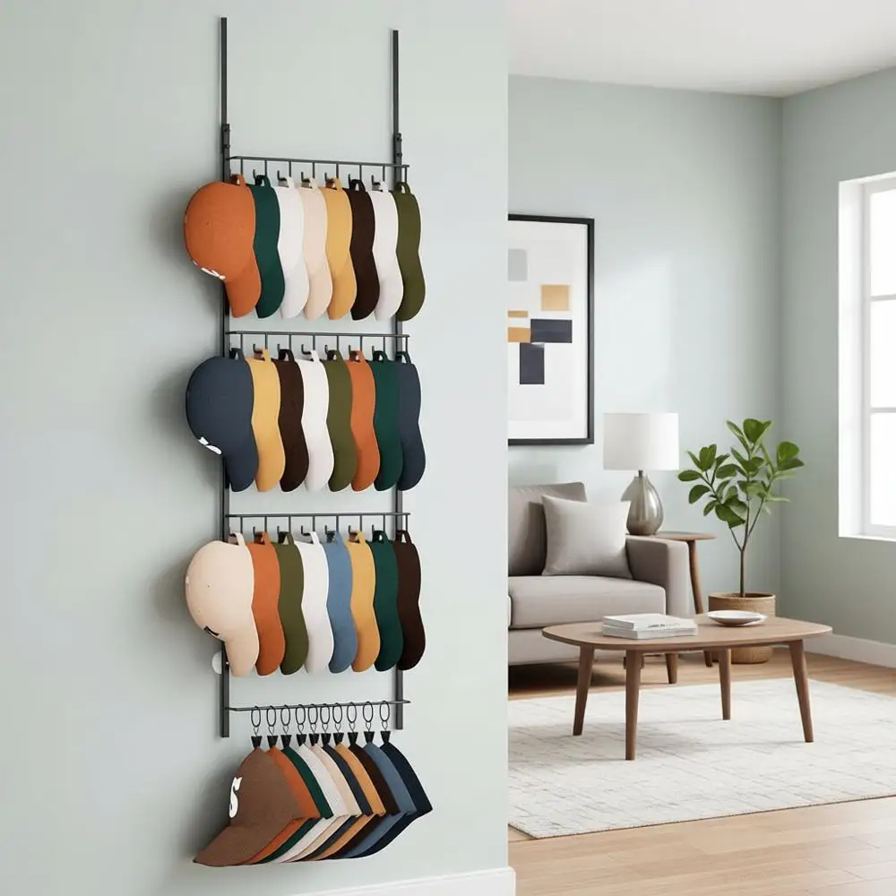 

Настенная 4-ярусная вешалка для головных уборов с 24 крючками и 10 зажимами, вмещает до 34 шляп, идеально подходит для домашнего хранения.