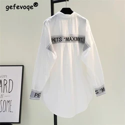 Letter Print Patchwork Casual Simple Streetwear Oversized Shirts Spring Autumn White Long Sleeve Tops Blouses for Women Clothing