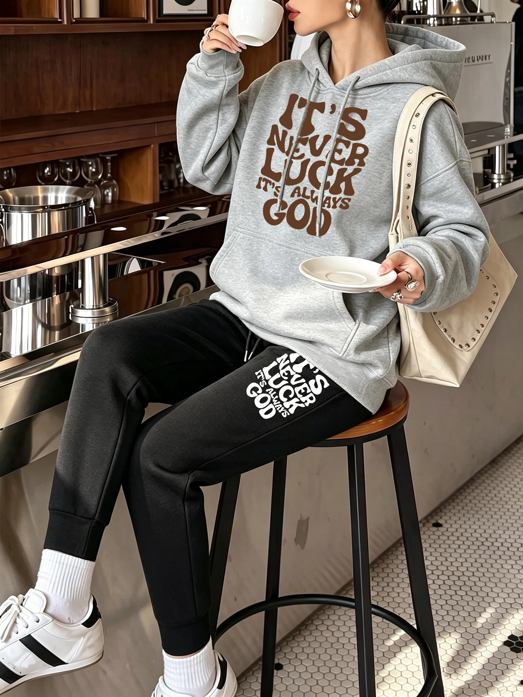 It'S Never Luck Always God Prints Y2K Women'S Hoodie Set Fleece Pullover Autumn Loose Sweatpants Pocket Drawstring Clothes