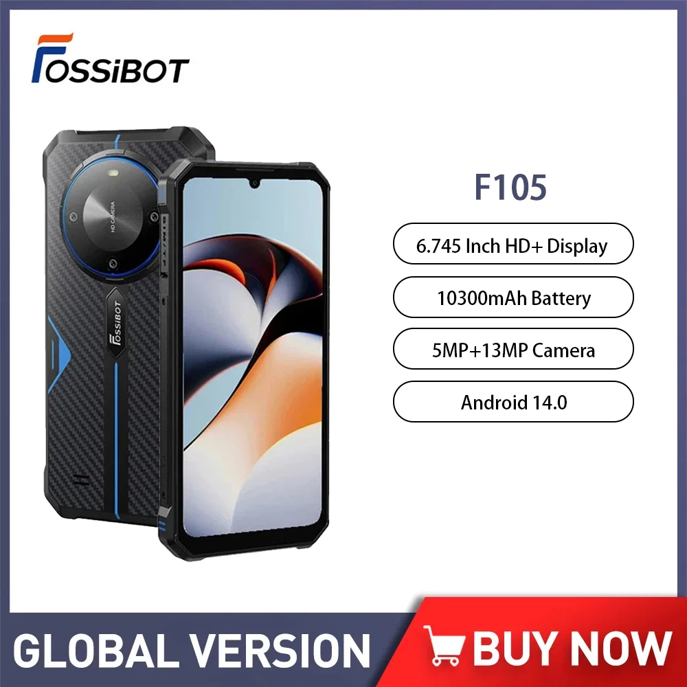 FOSSiBOT-teléfono móvil inteligente F105 versión Global, Smartphone resistente con Android 14, 10300mAh, pantalla HD de 6.745 pulgadas, octa-core, 4GB + 64GB, cámara de 20MP, identificación facial