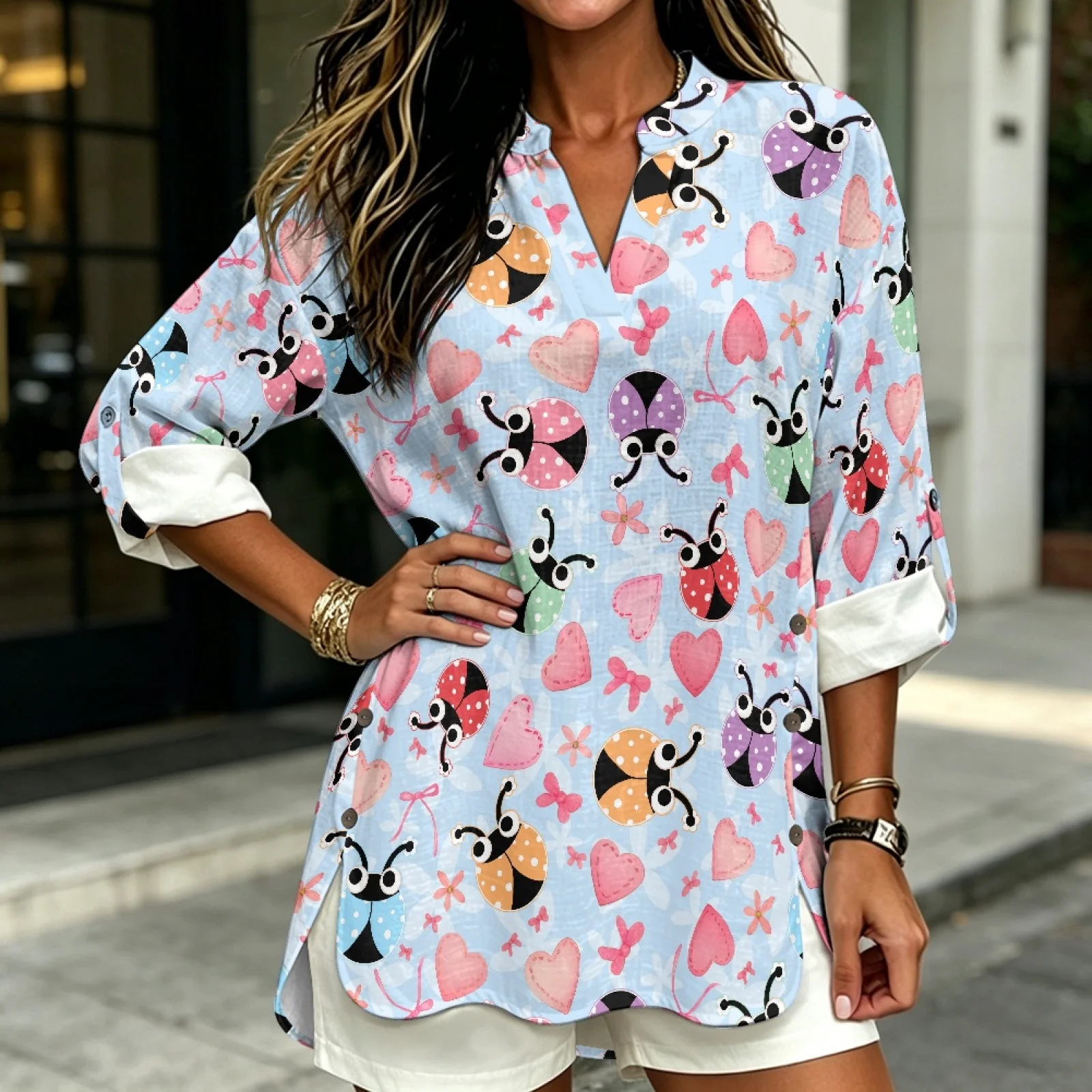 PENSTROLL Colorful Ladybug Hearts Linen Style Long Sleeve Shirts Roll-Up Tunic Blouse for Ladies Sizes S-5XL