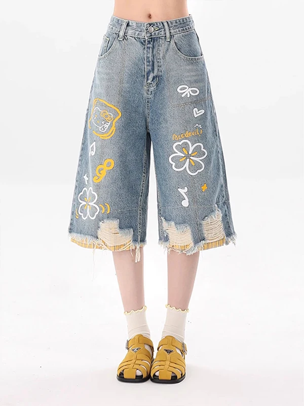 American Style Cartoon Graffiti Hole Denim Women's Summer New Plaid Splicing Loose Wide Leg Pants High Waist Trousers