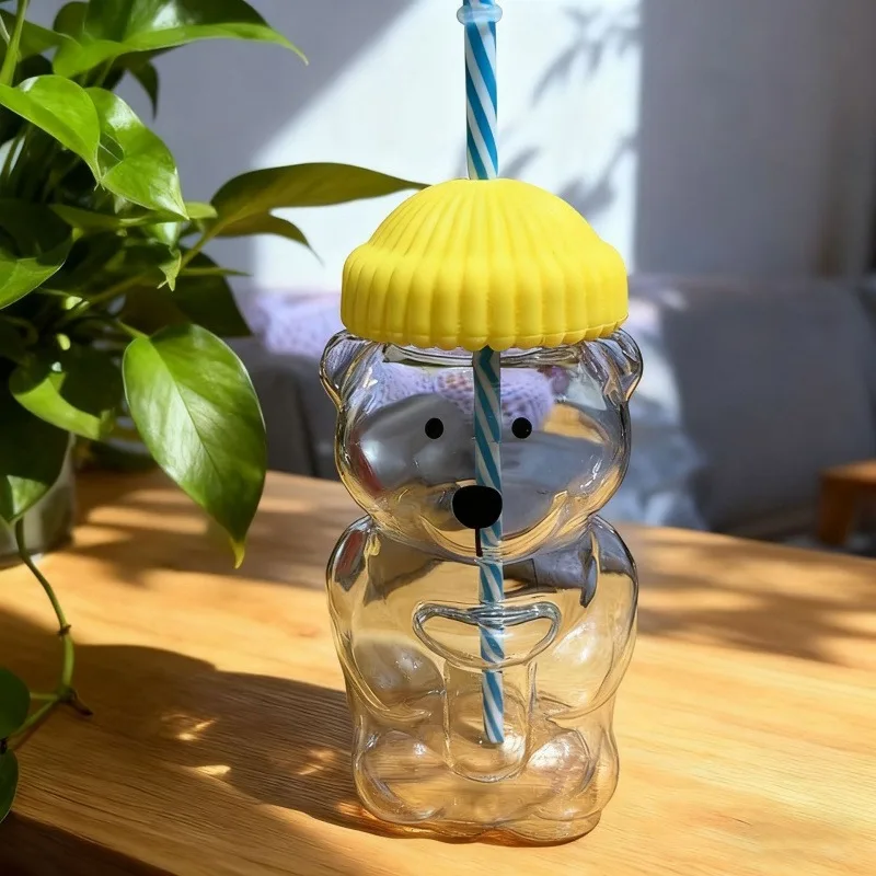 

Creative Bear Cup Glasses With Straw & Lids Clear Glass Cup For Starbucks Coffee Mugs Milk Drink Water Cups For Christmas Gifts