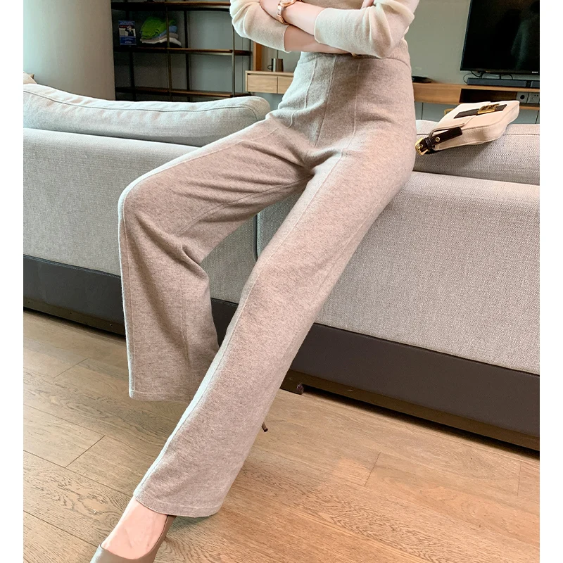 Women Pants 2023 New Autumn and Winter Soft Comfortable High-Waist Cashmere Knitted Pants Female Pure Color Wide Leg Casual