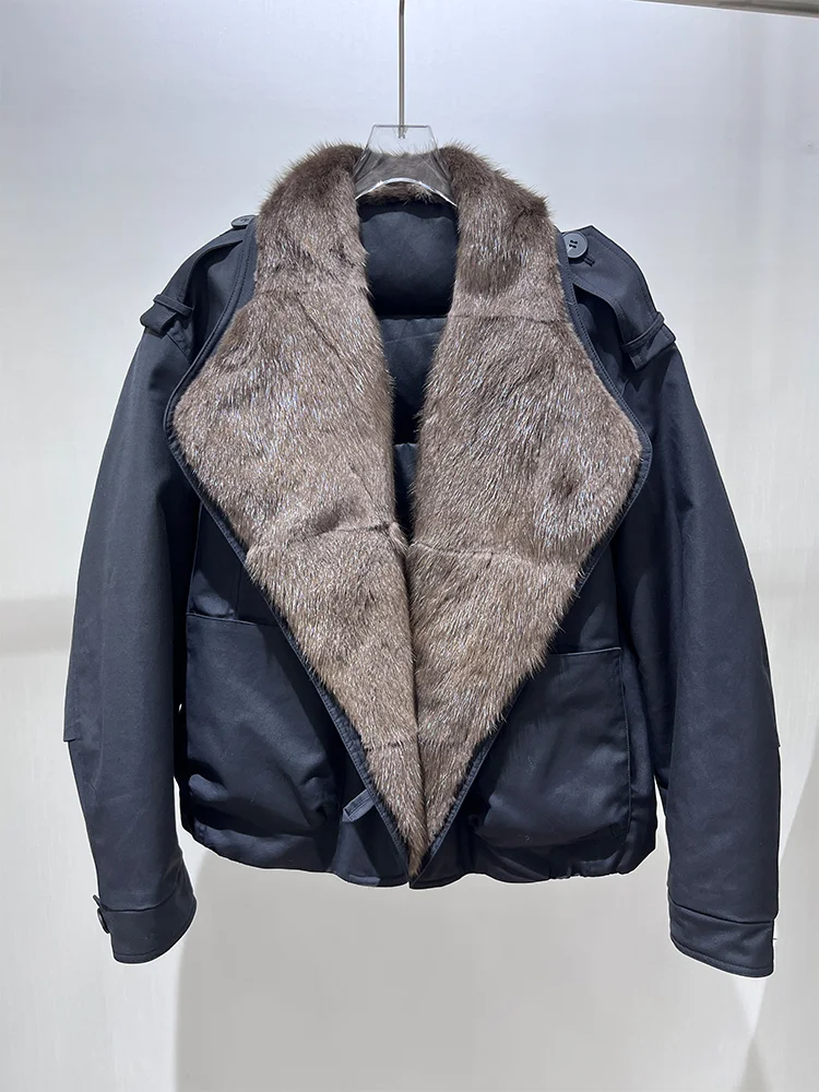 أزياء الشتاء الدافئة البخاخ السترات النساء الحقيقي الطبيعي الحقيقي المسخرية الفراء طوق أوزة أسفل السترات سميكة الإناث معاطف أبلى