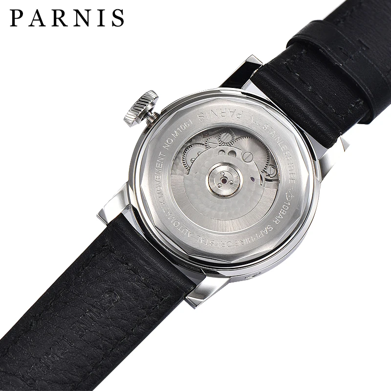 New Parnis 43MM Silver Case Mechanical Automatic Watches Men Leather Strap Power Reserve Calendar Waterproof Watch orologio uomo