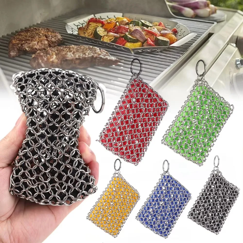 Depurador de cota de malla de acero inoxidable: limpiador de sartenes de hierro fundido resistente, esponja de metal sin óxido para sartenes y utensilios de cocina