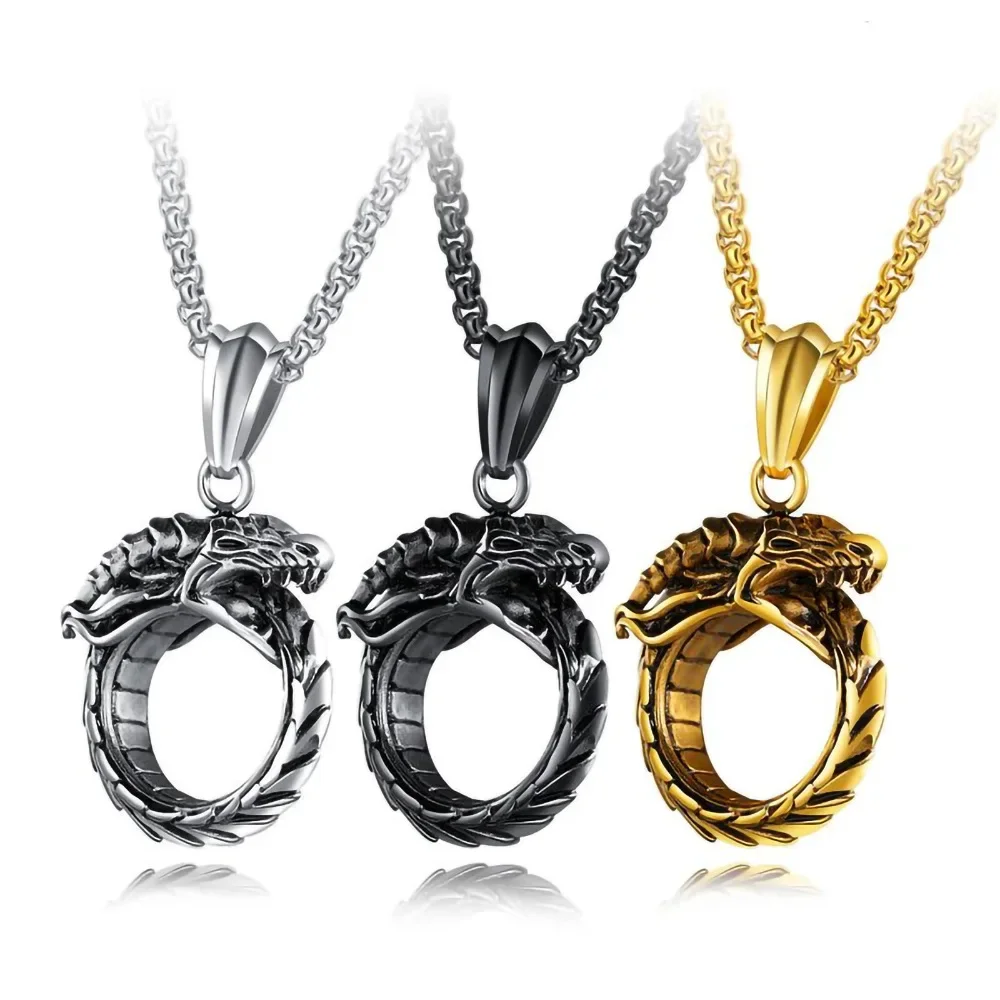 Vintage Tail Biting Dragon Snake Pendant Necklace for Men Personality Silver/Gold/Black Color Chain Necklaces Hip Hop Jewelry