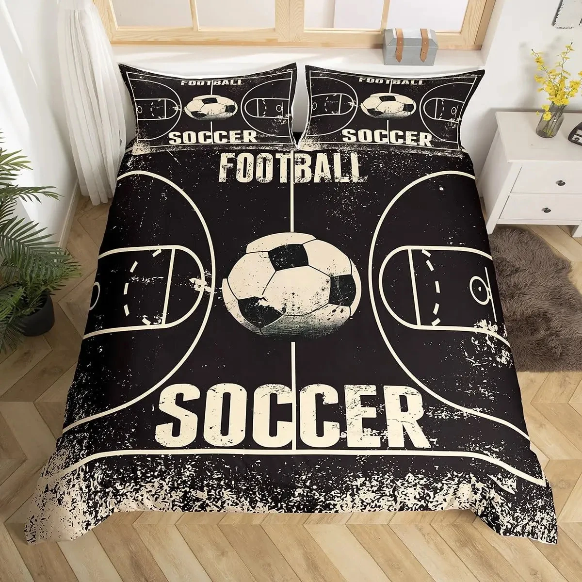 

Soccer Comforter Cover for Boys Girls Vintage Football Duvet Cover Twin Black Football Field Bedding Sets Sports Theme Bed Set