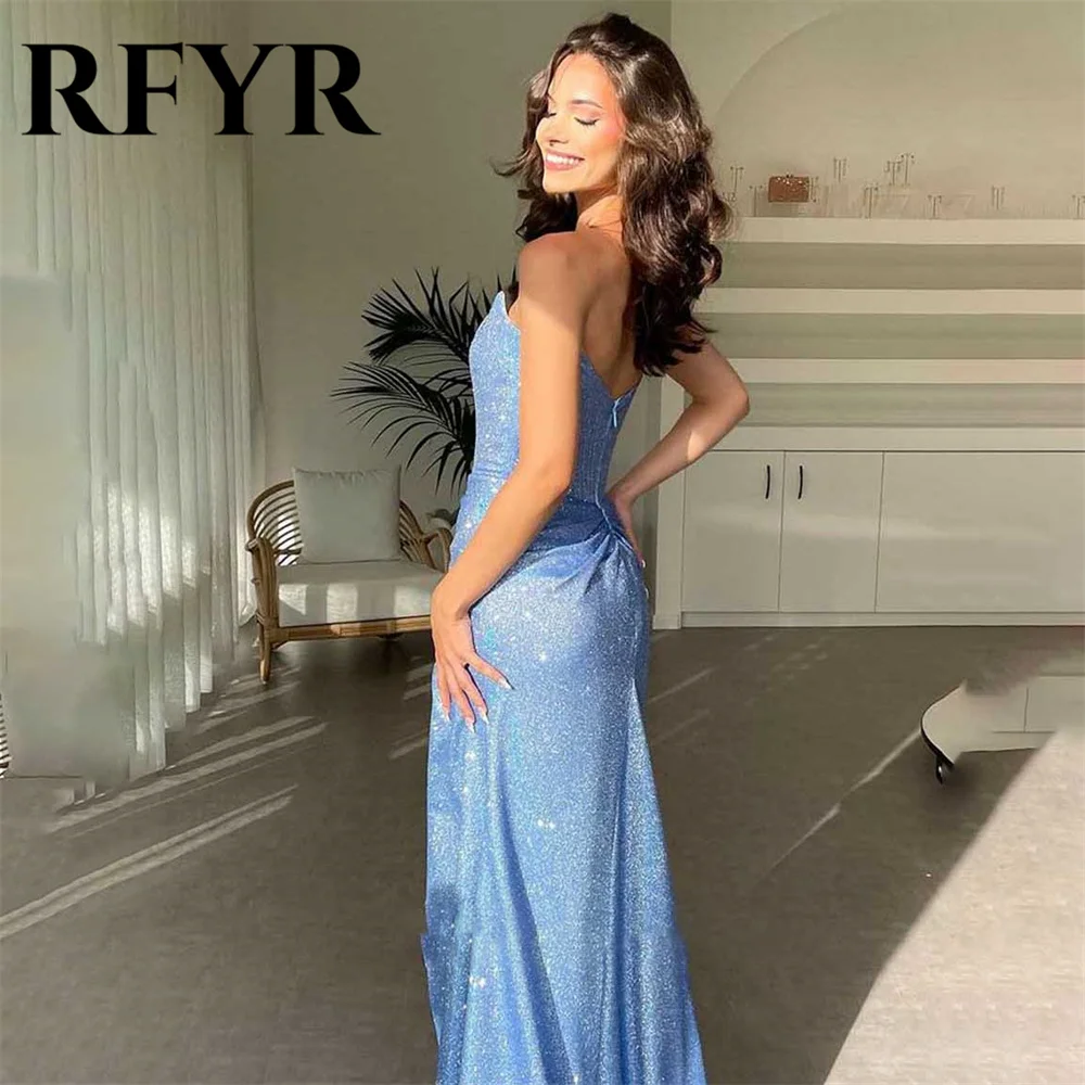 RFYR Sky Blue Prom Dress Sleeveless Strapless Satin Evening Dress Sequins Trumpet Party Dress with High Slit Pleats فساتين سهرة