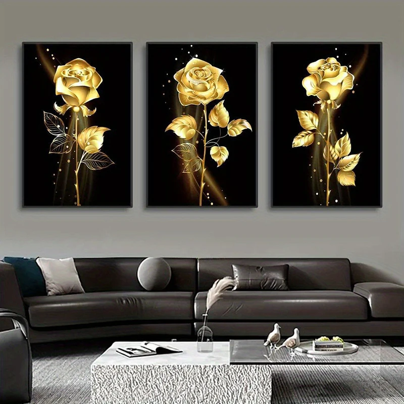 

3pcs/set Golden Rose Black Canvas Painting Poster Modern Wall Art Picture Print Frameless For Living Room Bedroom Decor