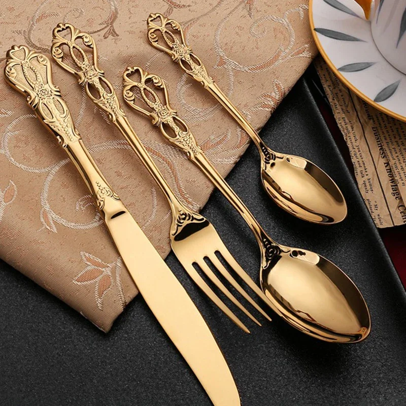 Nordic Complete Tableware of Dishes 24 Pieces Embossed Metal Gold  Cutlery Set Steak Knife Fork Spoon Luxury Carved Western Food