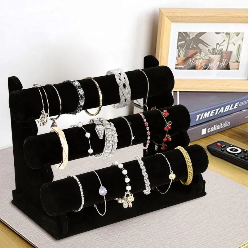 3Layer Black Velvet Jewelry Bracelet Chain Watch Bangle Holder T-Bar Rack Jewelry Organizer Hard Display Stand Jewelry Display