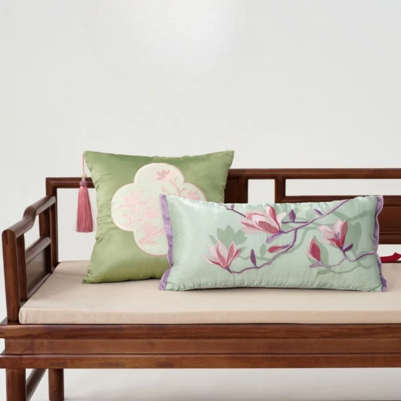Luxury Chinese Embroidered Magnolia Throw Pillow Cover Retro Light Green Cushion Case with Tassel Oriental Decorative Pillow