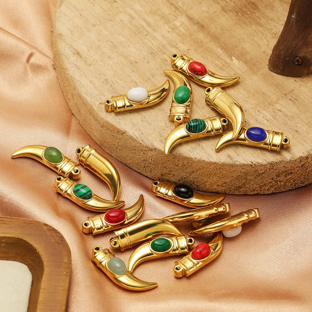 5 Stück Gold Edelstahl Naturstein Pfeffer-Ochsenhorn-Anhänger für DIY Damen Halsketten, Schmuck, Armbänder, Ohrringe – Detail 5