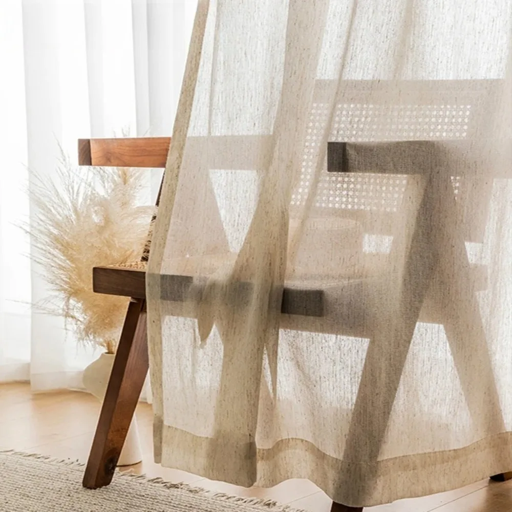 Rideaux transparents Beige aspect lin pour salon, rideau de luxe en Tulle dans la fenêtre de la chambre à coucher, rideaux courts japonais pour porte de cuisine